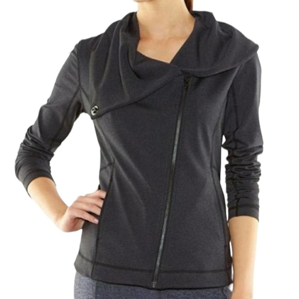 Lucy Hatha‎ Flow Zip Up Asymmetrical Cowl Neck Jacket XS Charcoal Grey